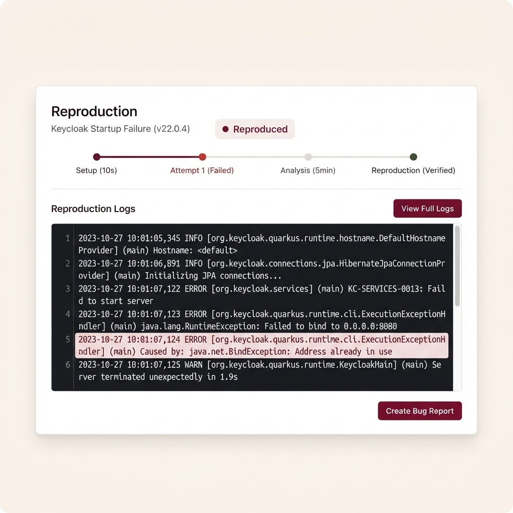 Reproduction panel showing a Keycloak startup failure reproduced in an isolated sandbox