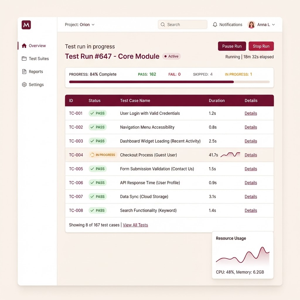 Test run in progress with passing and in-progress test cases