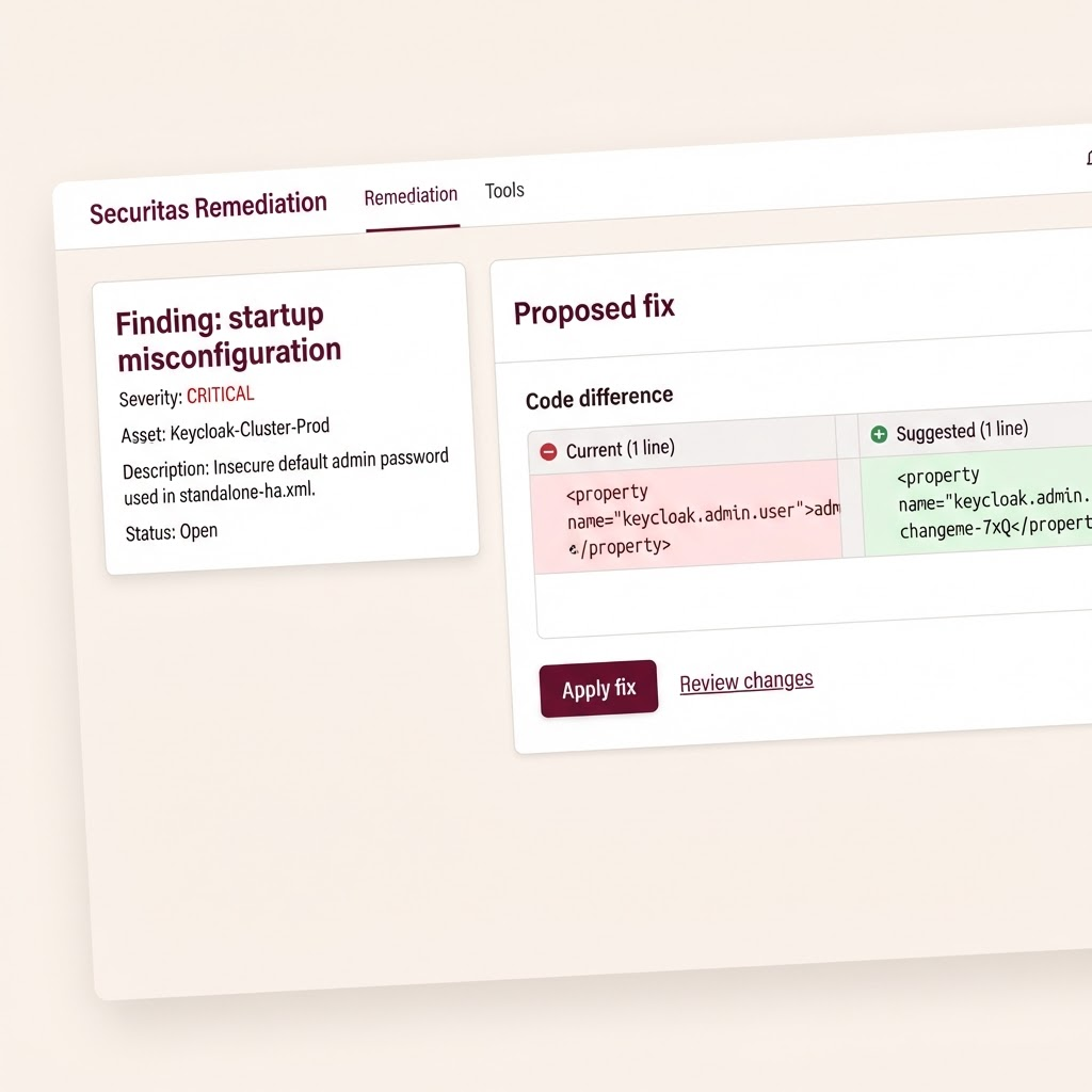 Proposed configuration fix shown as a small side-by-side diff with a finding summary