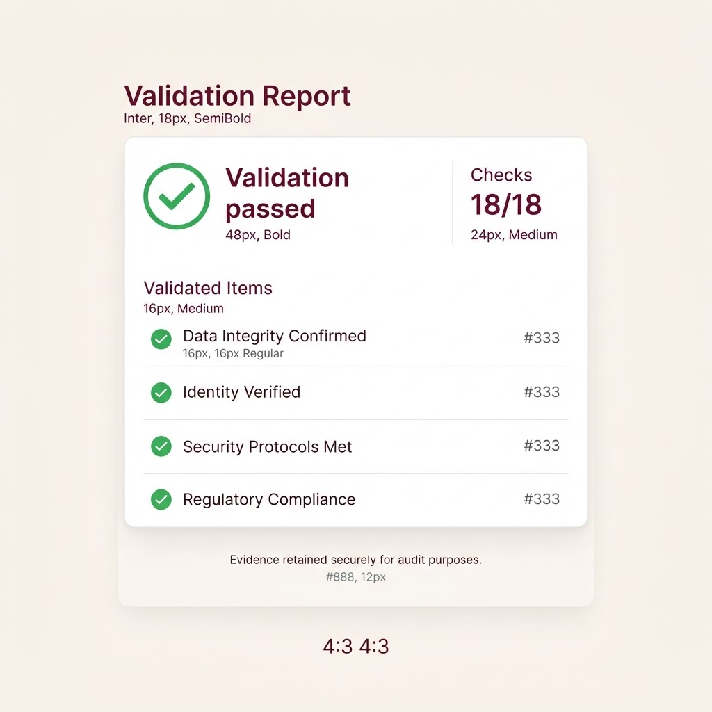 Validation passed summary showing 18 of 18 checks green with evidence retained